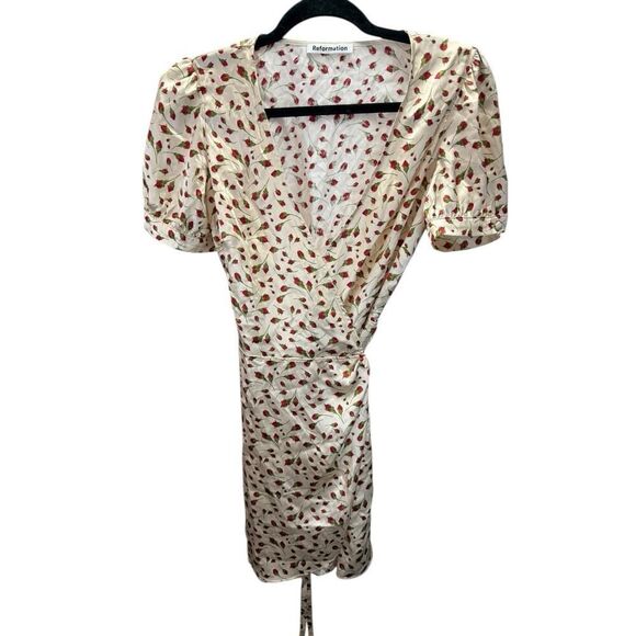 Reformation Cream Silk Mini Wrap Dress Rose Print Puff Sleeve V-Neck Size M - Picture 3 of 11